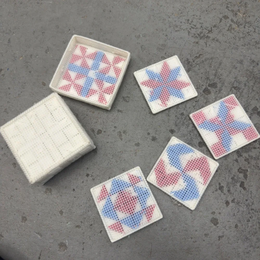 Vintage Handmade Plastic Canvas Coaster Set Quilt Pattern Red White Blue 5pc